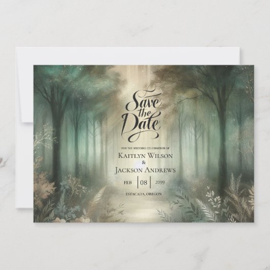 Sage Green Enchanted Forest Radiance Wedding Save The Date (Voorkant)