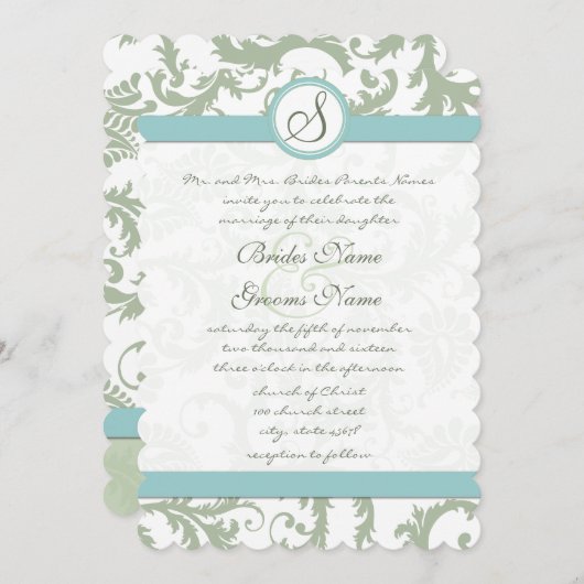 Sage Green et Aqua Mariage damassé Invitation (Devant / Derrière)