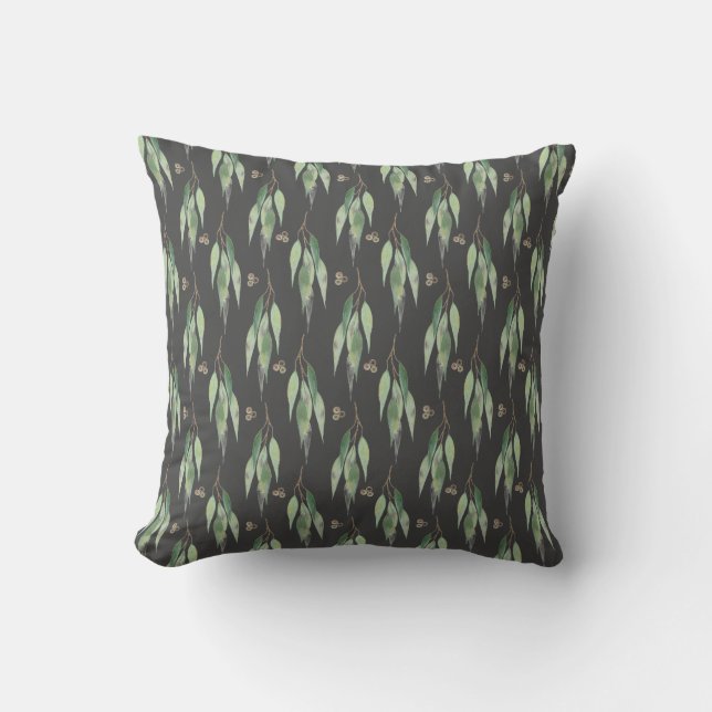 SAGE GREEN EUCALYPTUS BLACK PATTERN CUSHION KUSSEN (Voorkant)