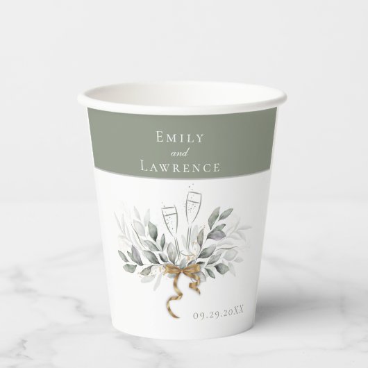 Sage Green Eucalyptus Champagne Weddenschap Paper Papieren Bekers (Voorkant)