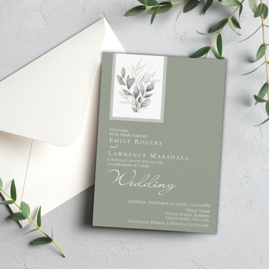 Sage Green Eucalyptus Flat Wedding Invite Kaart