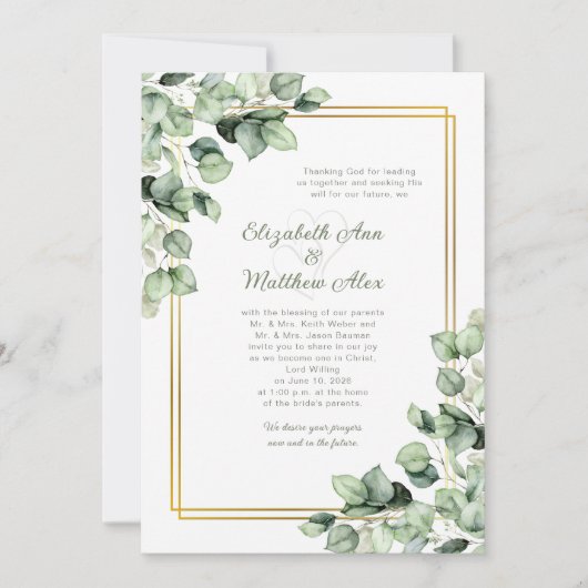 Sage Green Eucalyptus Greenery Gold Frame Wedding Kaart (Voorkant)