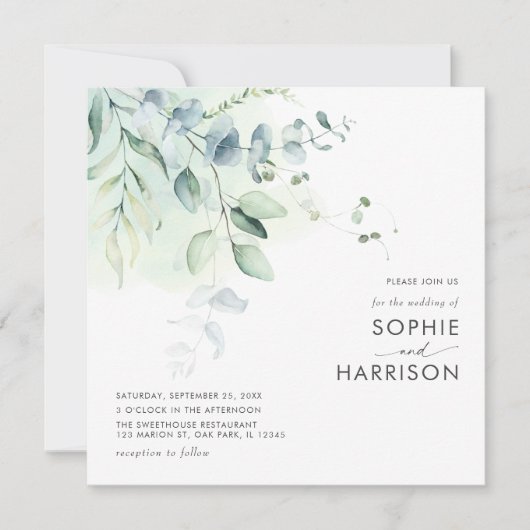 Sage Green Eucalyptus Greenery Square Weddenschap Kaart (Voorkant)