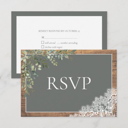 Sage Green Eucalyptus Lace Wood Weddenschap RSVP (Voorkant / Achterkant)