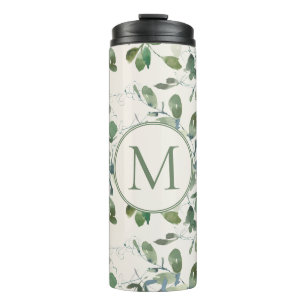 Sage Green Eucalyptus Leaves op Cream Monogram Thermosbeker