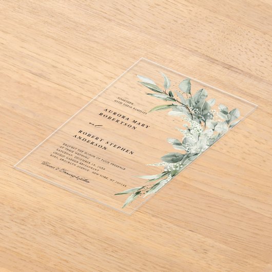 Sage Green Eucalyptus Minimalist Botanical Weddens Acryl Uitnodigingen (Laagn)