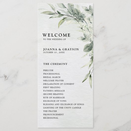 Sage Green Eucalyptus Minimalist Botanical Weddens Programma (Voorkant)