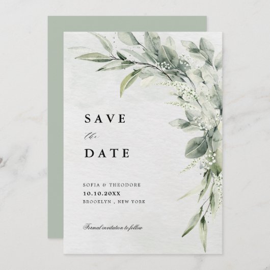 Sage Green Eucalyptus Minimalist Botanical Weddens Save The Date (Voorkant / Achterkant)