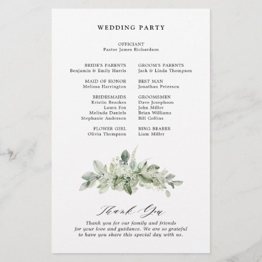 Sage Green Eucalyptus Programme de mariage botaniq (Dos)