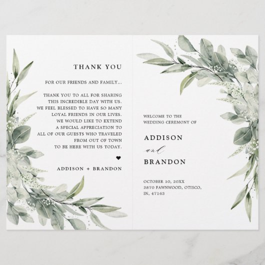 Sage Green Eucalyptus Programme de mariage minimal (Devant)
