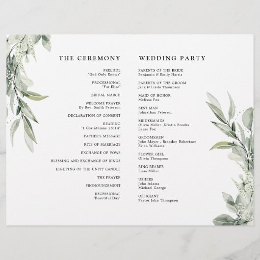 Sage Green Eucalyptus Programme de mariage minimal (Dos)