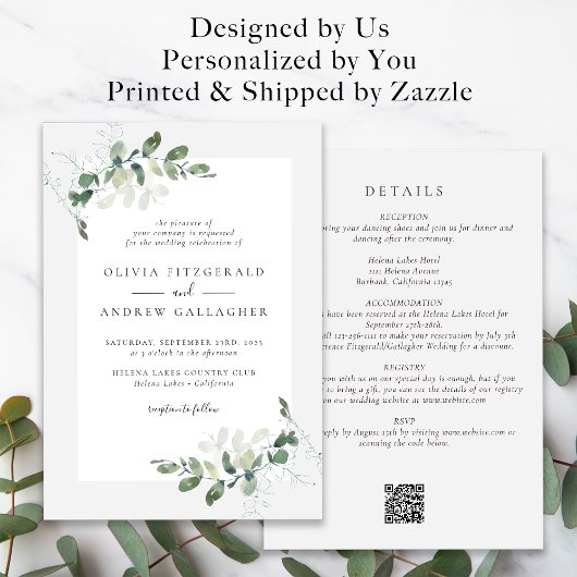 Sage Green Eucalyptus QR Code All in One Weddensch Kaart