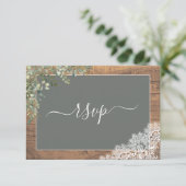 Sage Green Eucalyptus Script Lace Wood RSVP Kaartje (Staand voorkant)