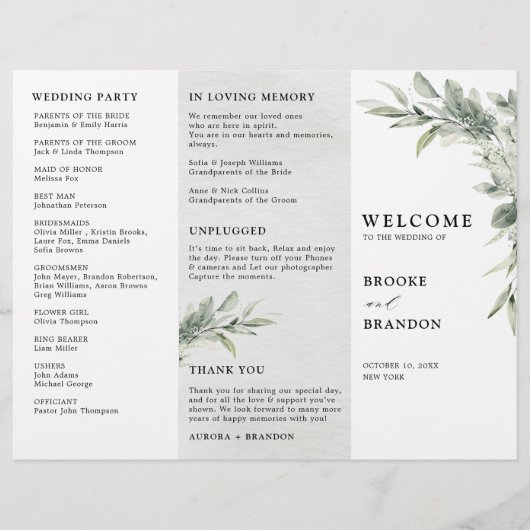 Sage Green Eucalyptus Trfold mariage Programme (Devant)