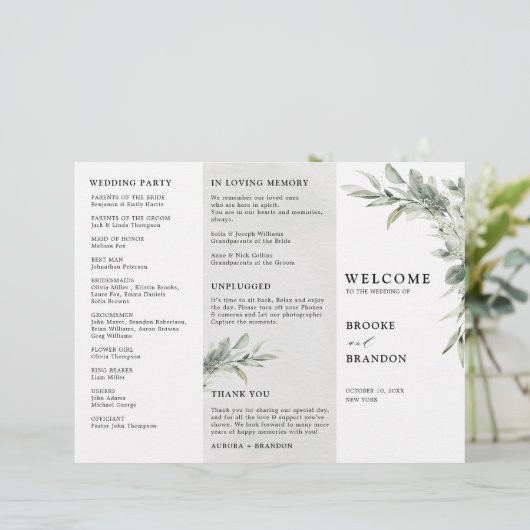 Sage Green Eucalyptus Trfold mariage Programme (Debout devant)