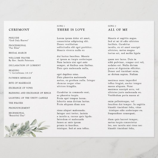 Sage Green Eucalyptus Trfold mariage Programme (Dos)