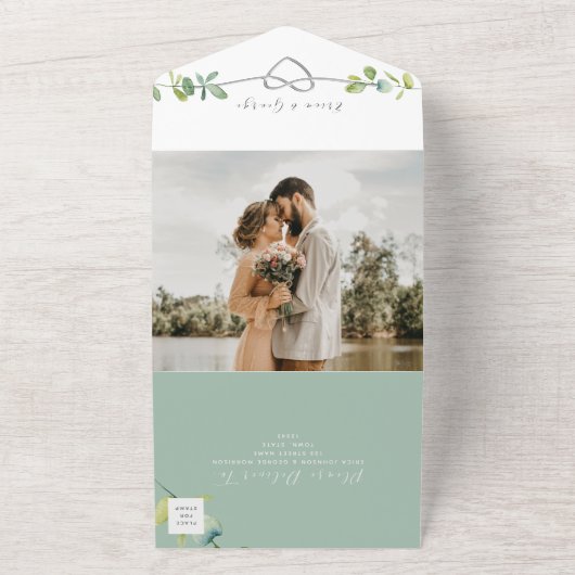 Sage Green Eucalyptus Wedding All In One Uitnodiging (Buitenkant)