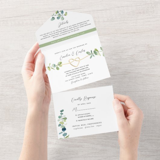 Sage Green Eucalyptus Wedding All In One Uitnodiging (Afscheurbaar)