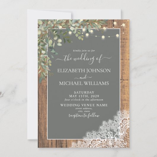 Sage Green Eucalyptus Wood Lace Script Weddenschap Kaart (Voorkant)