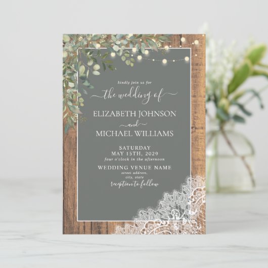 Sage Green Eucalyptus Wood Lace Script Weddenschap Kaart (Staand voorkant)