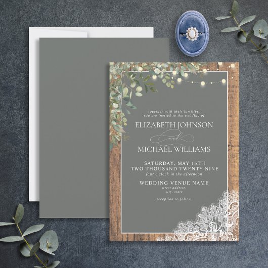 Sage Green Eucalyptus Wood Lace Script Weddenschap Kaart