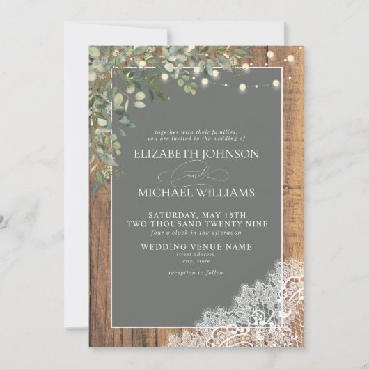 Sage Green Eucalyptus Wood Lace Script Weddenschap Kaart (Voorkant)