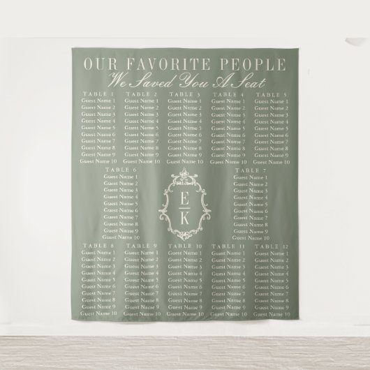 Sage Green Fabric Wedding Seating Chart Banner Wandkleed (Voorkant)
