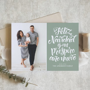 Sage Green Feliz Navidad Script Kerstfoto Feestdagen Kaart