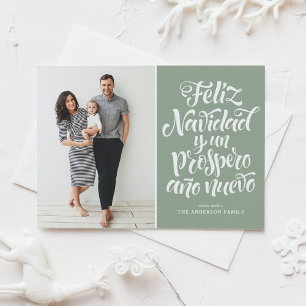Sage Green Feliz Navidad Script Kerstfoto Feestdagenkaart