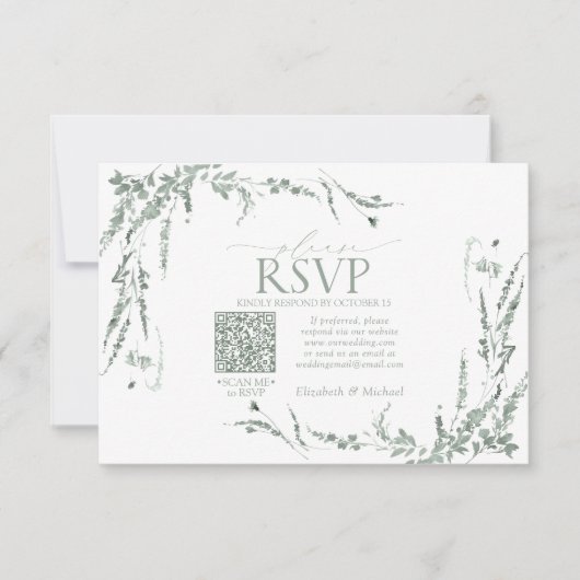 Sage Green Fleur sauvage Calligraphie QR Code RSVP (Devant)