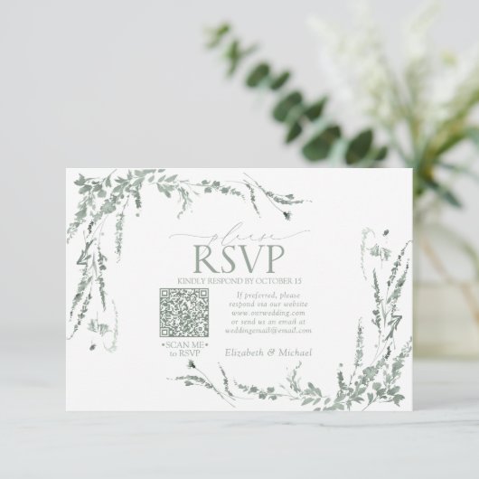 Sage Green Fleur sauvage Calligraphie QR Code RSVP (Debout devant)