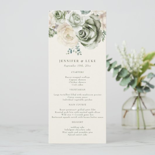 Sage Green Fleurs d'ivoire Menu Mariage (Debout devant)