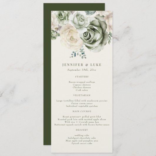 Sage Green Fleurs d'ivoire Menu Mariage (Devant / Derrière)