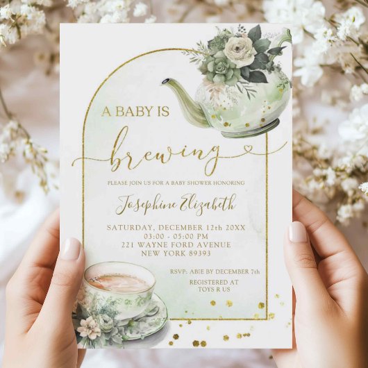 Sage Green Floral Baby shower Tea Party Invitation