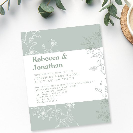 Sage Green Floral Budget Paper Wedding Invitation