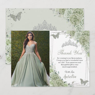 Sage Green Floral Butterflies Quinceañera Foto Bedankkaart