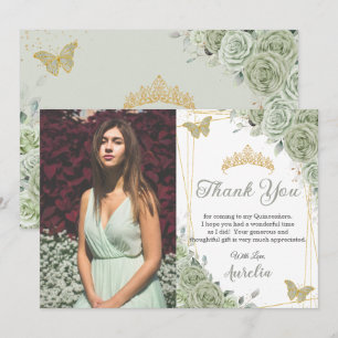Sage Green Floral Butterflies Quinceañera Foto Bedankkaart
