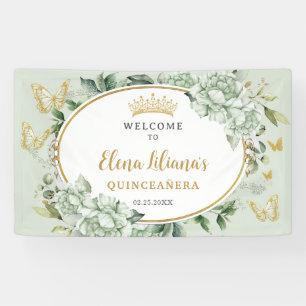 Sage Green Floral Butterflies Quinceañera Welkom Spandoek
