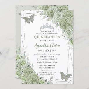Sage Green Floral Butterflies Silver Quinceañera Kaart