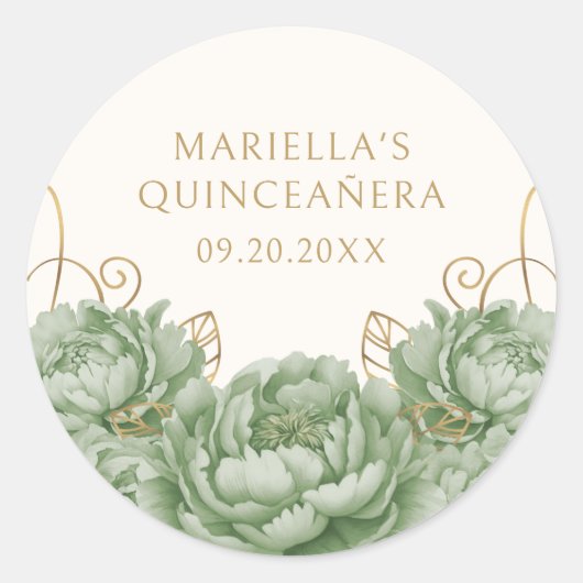 Sage Green Floral Elegant Quinceanera Ronde Sticker (Voorkant)