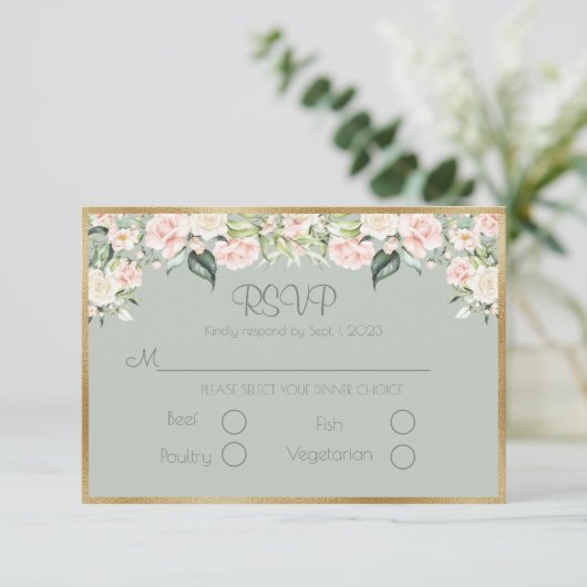 Sage Green Floral Elegant Script Weddding RSVP Kaartje (Staand voorkant)