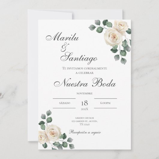Sage Green Floral faire-part de mariage en espagno (Devant)