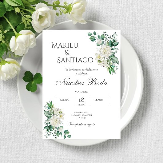 Sage Green Floral faire-part de mariage en espagno
