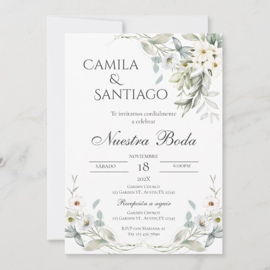 Sage Green Floral faire-part de mariage en espagno (Devant)
