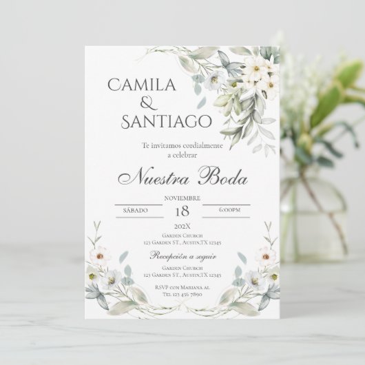 Sage Green Floral faire-part de mariage en espagno (Debout devant)