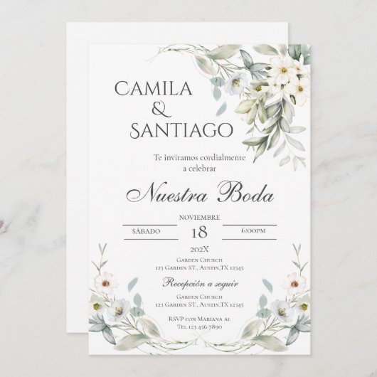 Sage Green Floral faire-part de mariage en espagno (Devant / Derrière)