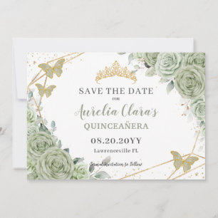 Sage Green Floral Gold Quinceanera Sweet Sixteen Save The Date