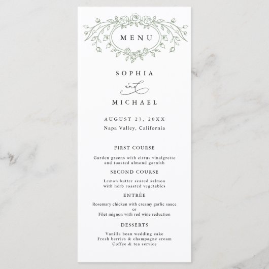 Sage Green Floral Line Art Wedding Flat Menu (Devant)