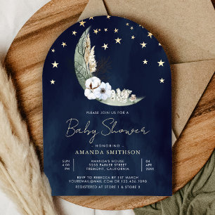 Sage Green Floral Moon Navy Blue Arch Baby shower Kaart