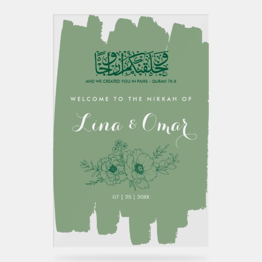 Sage Green Floral Nikkah Acrylic Sign (Recto)